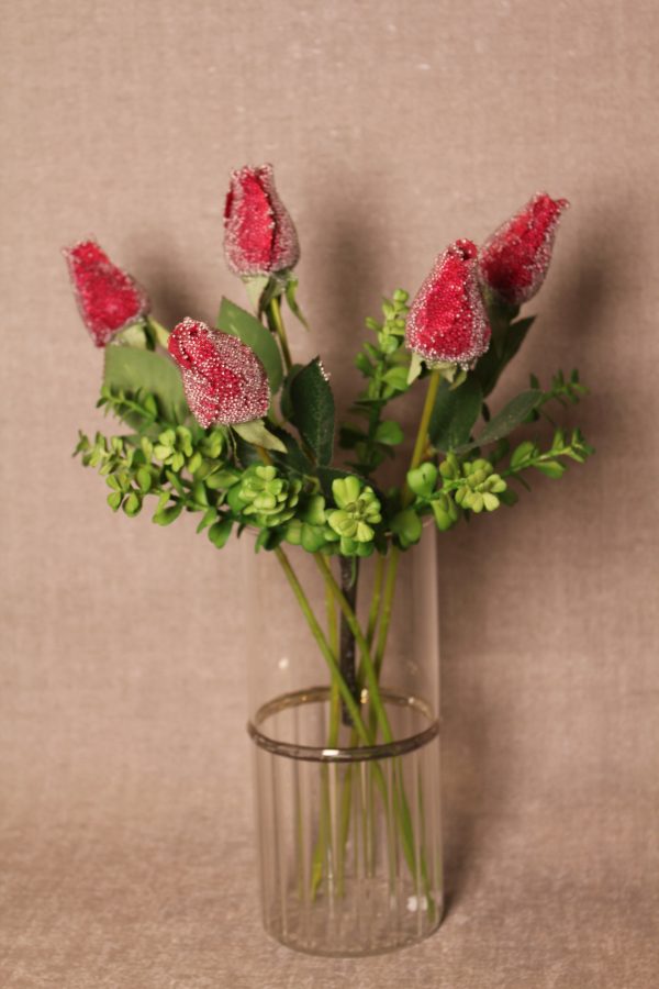 Glitter-Dusted Red Rose Stem with Leaves - Image 3