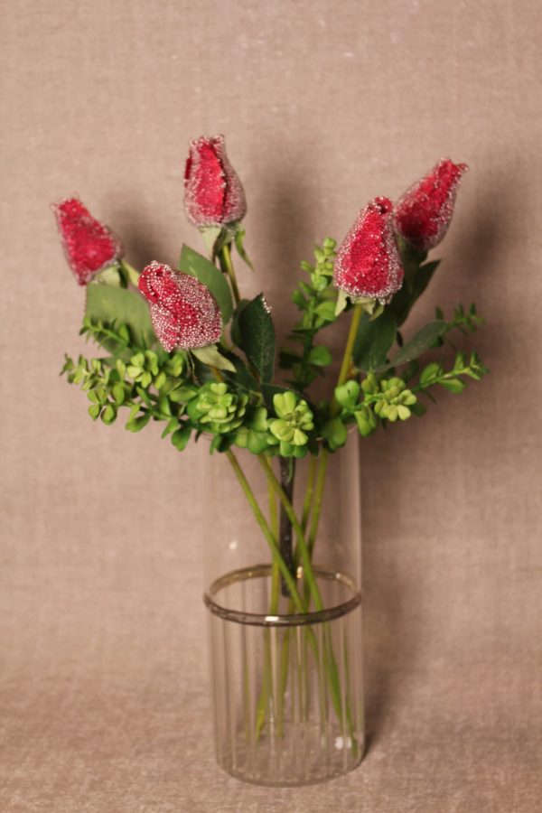 Glitter-Dusted Red Rose Stem with Leaves - Image 3
