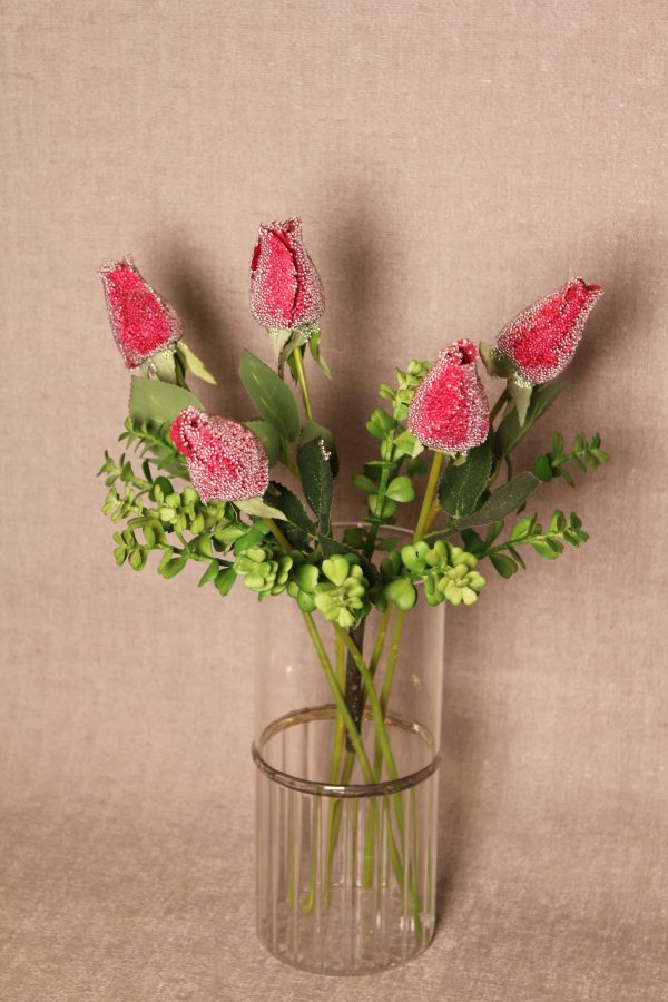 Glitter-Dusted Red Rose Stem with Leaves - Image 2
