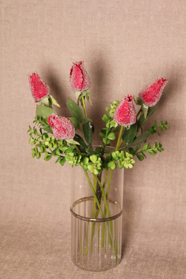 Glitter-Dusted Red Rose Stem with Leaves - Image 2