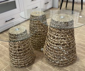 Natural Woven Cane and Glass Nesting Side Tables