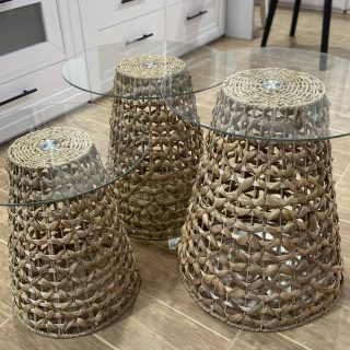 Natural Woven Cane and Glass Nesting Side Tables