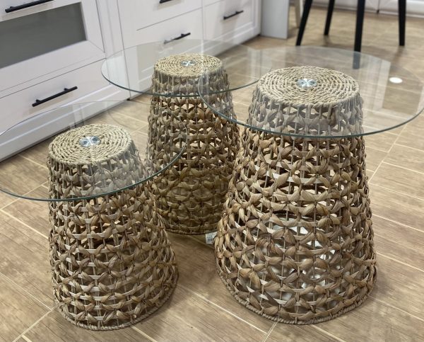 Natural Woven Cane and Glass Nesting Side Tables