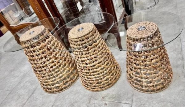 Natural Woven Cane and Glass Nesting Side Tables - Image 3