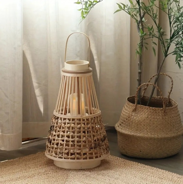 Handcrafted Cane Wood Candle Stand / Woven Lantern - Image 2