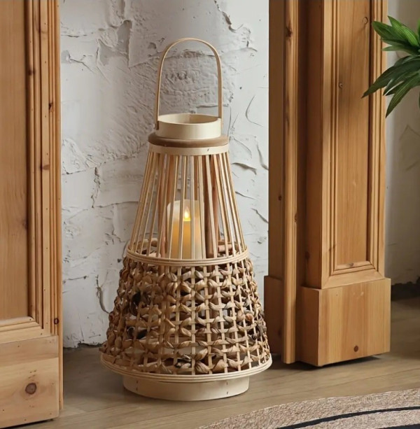 Handcrafted Cane Wood Candle Stand / Woven Lantern - Image 3