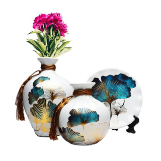Ceramic Decorative Vase & Plate Set | Elegant Ginkgo Leaf Design | 3-Piece