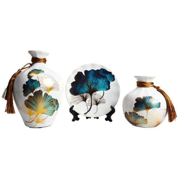 Ceramic Decorative Vase & Plate Set | Elegant Ginkgo Leaf Design | 3-Piece - Image 2