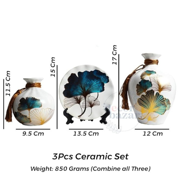 Ceramic Decorative Vase & Plate Set | Elegant Ginkgo Leaf Design | 3-Piece - Image 3